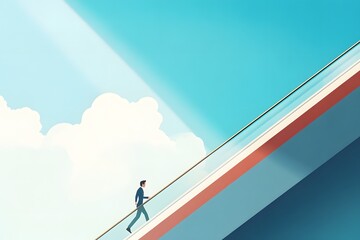 Man Walking Up Escalator Toward Bright Sky with Clouds Illustration