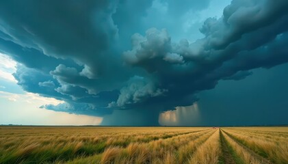 Dark clouds gather over vast prairie landscape, darkening horizon, supercell, thunderstorm
