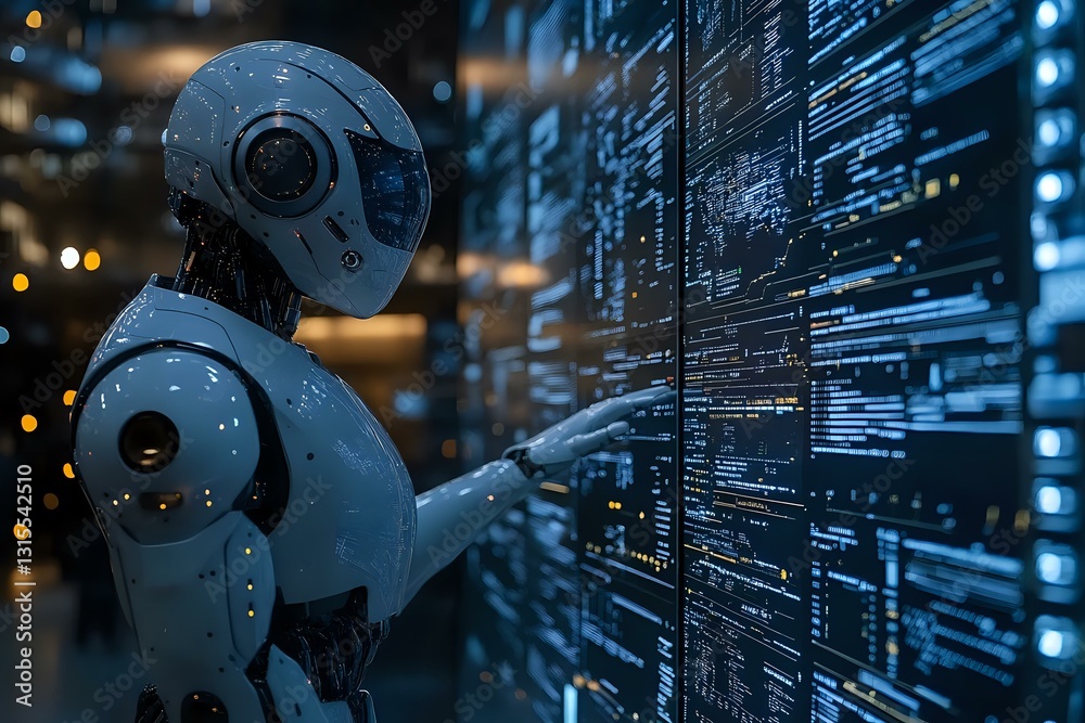 Poster futuristic robot analyzing digital data streams on transparent display with glowing blue interface i