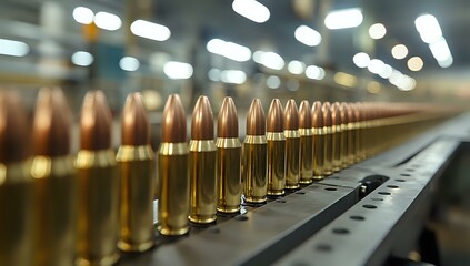 Row of brass ammunition bullets lined up on black surface with blurred background lighting, showcasing military or hunting supplies in macro photography.