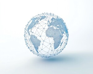 A stylized wireframe globe with abstract lines on a white background, depicting global connectivity