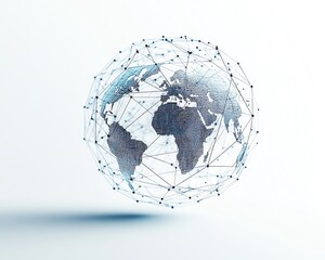 A stylized wireframe globe with abstract lines on a white background, depicting global connectivity