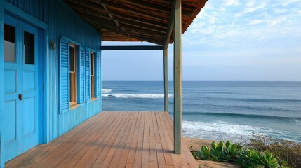 Obraz premium Serene Ocean View from a Blue Beach House Porch