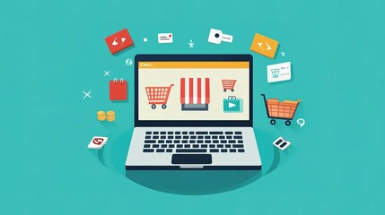 A laptop displaying online shopping and related icons