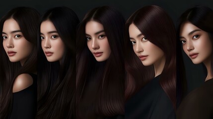 Obraz premium Young Asian women with long dark hair and natural makeup in black outfits pose for beauty portrait series showing different angles and expressions against dark background.
