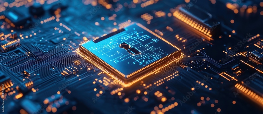 Poster high-tech microchip with lock symbol representing cybersecurity and data protection in a digital cir