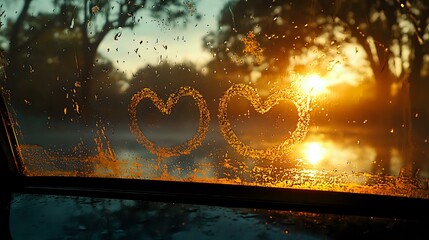 Two heart shapes drawn on foggy car window during golden sunset, creating romantic silhouette against warm sunlight and water droplets on glass surface.
