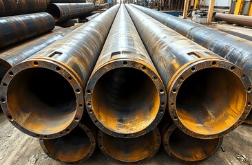 Naklejka premium Large industrial metal pipes with flanged ends stacked in warehouse storage area, showing raw steel construction materials for pipeline infrastructure.