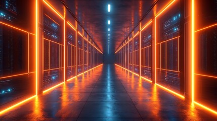 Futuristic Server Room Corridor with Neon Orange and Blue Lights Data Center Technology