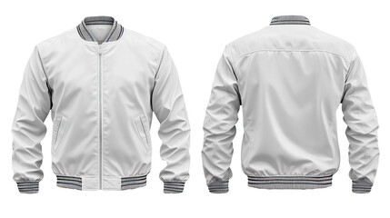 White bomber jacket mockup, front & back, studio shot, design template 