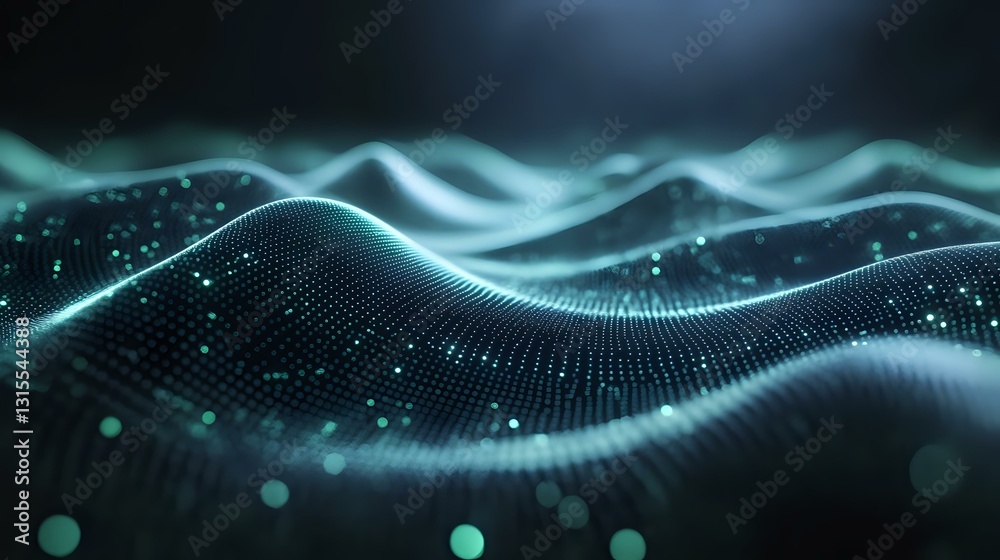 Poster glowing turquoise waves of digital particles form abstract flowing landscape against dark background