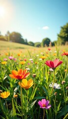 Obraz premium Sunlit fields of colorful wildflowers and tall grass, grass, cornflower, flowers