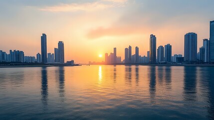 Obraz premium Modern city skyline with tall skyscrapers silhouetted against orange sunset sky, reflecting in calm water surface during golden hour. Peaceful urban waterfront scene.