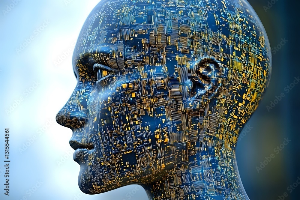Poster futuristic android head profile with circuit pattern texture in blue and gold tones showing artifici
