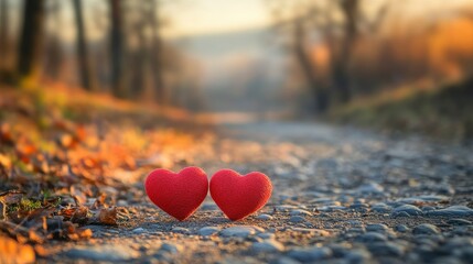 Fototapeta premium Two Red Hearts on a Path in Autumn