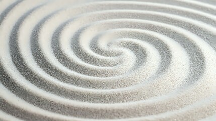 Mesmerizing spiral pattern drawn in white sand creates meditative zen garden effect, with concentric circles forming peaceful contemplative design for wellness spaces.