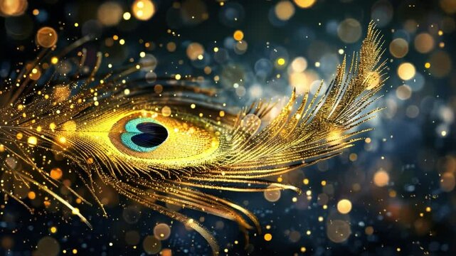 Vibrant Peacock Feather with Shimmering Gold and Blue Hues Surrounded by Bokeh Lights Creating Magical and Enchanting Atmosphere with Intricate Details Highlighted Against Dark, Blurred Background