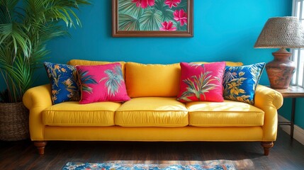 Vibrant Yellow Sofa with Tropical Throw Pillows in a Teal Room