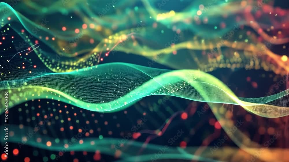 Poster vibrant digital wave pattern with colorful dots and flowing lines creates dynamic and futuristic abs