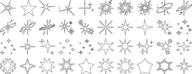 Star Vector Illustration:, star silhouette vector illustration featuring a diverse collection of stars and star like shapes, showcases solid, outlined, and dotted stars