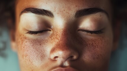 Fototapeta premium Realistic close-up of a person’s face with a calm expression as they practice deep breathing exercises, natural light