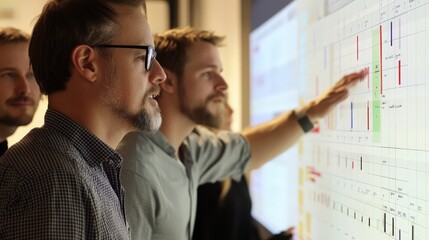 Collaborative business team analyzing project timelines for strategic advancement