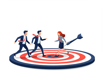 Businessman and businesswoman walking on center of dartboard. Business Concept