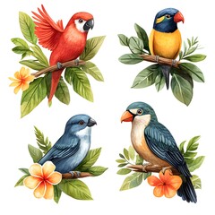 Fototapeta premium Four quirky tropical birds perched on a branch surrounded by lush greenery in a vibrant and colorful setting