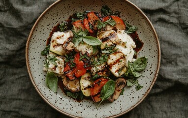 Overhead shot of grilled vegetables and creamy cheese on a speckled gray plate, garnished with fresh basil. The plate rests on a dark, sparkly tablecloth