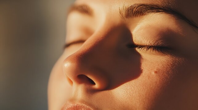 Realistic close-up of a person&rsquo;s face with a calm expression as they practice deep breathing exercises, natural light