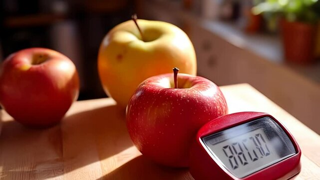 Three Apples and a Red Pedometer on Wooden Surface