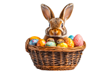 Easter bunny with basket Easter eggs isolated on transparent background
