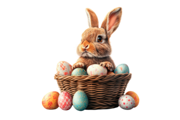 Easter bunny with basket Easter eggs isolated on transparent background