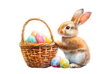 Easter bunny with basket Easter eggs isolated on transparent background
