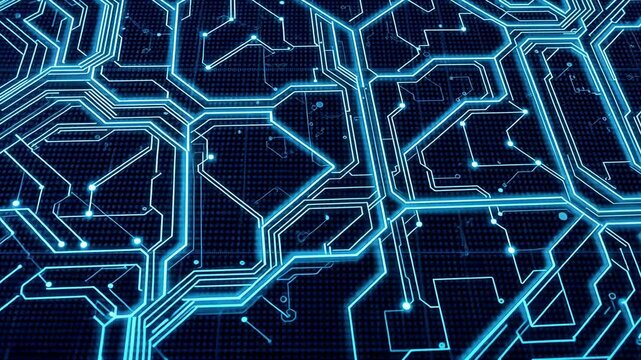 Electric Circuit Board Design with Binary Code Underlay in Blue Tones for High Tech Concept Rendering