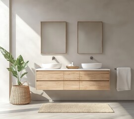 Modern Bathroom Interior Design with Wooden Vanity, Two Sinks, and Natural Light Streaming Through Windows