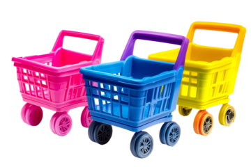 Set of three colorful toy shopping carts isolated on a white background, detailed illustration,