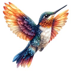 Obraz premium A colorful hummingbird in mid-flight collecting nectar from a flower with its vibrant wings displaying a beautiful array of colors