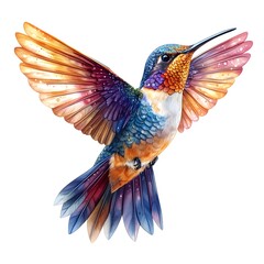 Obraz premium A colorful hummingbird in mid-flight collecting nectar from a flower with its vibrant wings displaying a beautiful array of colors