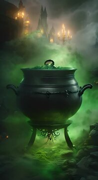 Vertical 9 16 a witchs cauldron inside a dark cluttered witchs lair Green mist rises 4K