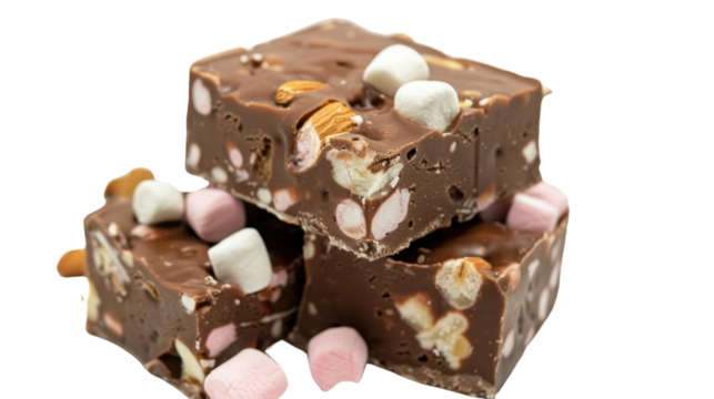 Chocolate fudge with marshmallows and almonds on transparent background