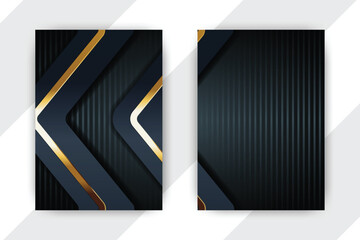 Dark, gold-accented geometric designs; white background; brochure template