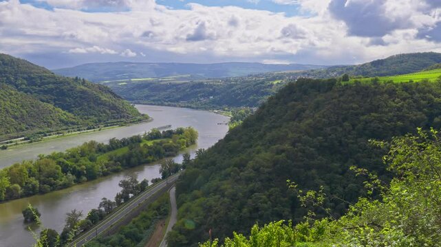 Panorama nature aerial view of Rhine Valley with a bend in the Rhine river, Germany