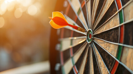 Orange dart hitting bullseye on dartboard in soft focused sunlight