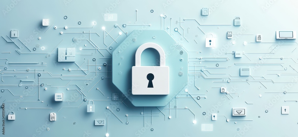 Poster modern digital security concept featuring lock symbol with circuit patterns and technology icons in 