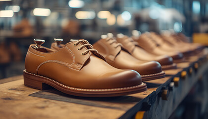 Handcrafted leather shoes displayed in a workshop highlighting artisanal craftsmanship