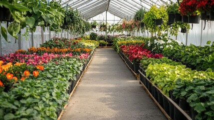 Vibrant floral display inside a commercial greenhouse with various plants