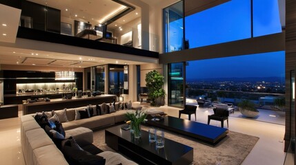 Modern penthouse living room with floor-to-ceiling windows, a stunning city skyline view, and sleek furniture
