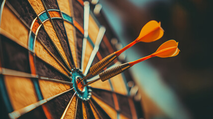 Close-up of dartboard with two orange darts in bullseye