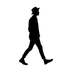 Vector illustration. Black silhouette on white background. Man goes sideways.